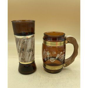 Siesta Ware Vintage MCM Western Tiki Barware Walnut Sleeve Beer Glass & Mug